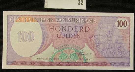 "Centrale Bank Van Suriname" One Hundred Gulden Banknote, 1 November 1985, Crisp Uncirculated.