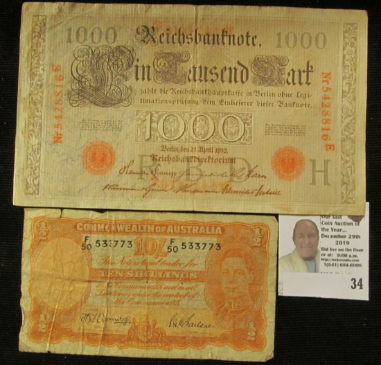 Ten Shillings Commonwealth of Australia Banknote & 1910 Germany 1000 Mark Banknote.