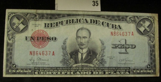 Series 1948 "Republica De Cuba" One Peso Banknote, EF.