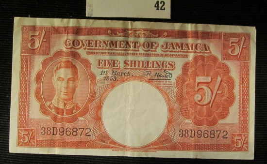 March 1st, 1953 "Government of Jamaica" Five Shillings Banknote. Catalog $50