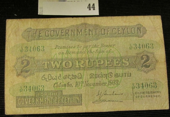 November 10th, 1938 "The Government of Ceylon" Two Rupees Banknote.