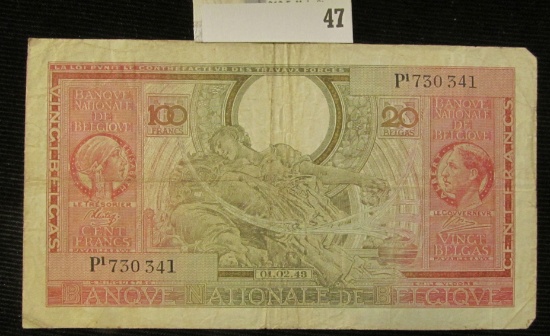 January 02, 1943 "Banque Nationale De Belgique" One Hundred Francs Banknote, VG.