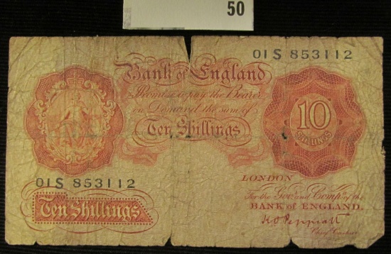 Bank of England Ten Shillings Banknote, circulated. Scarce signature.
