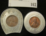 (2) encased good luck cents includes an advertising piece for Citizen's bank with a Masonic symbol o