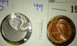 2001 off center Lincoln cent and an off center 1999-D Jefferson nickel