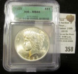 1923 Peace dollar graded MS 64 by ICG