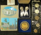 Western style earrings, 200th anniversary medal from Castillo San Felipe in Puerto Rico, coin set fr