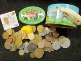 (65) Mixed Foreign Coins and tokens in an old 