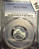 1943 D PCGS slabbed MS66 World War II Steel Lincoln Cent.