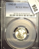 1942 D PCGS slabbed MS66 Mercury Dime.