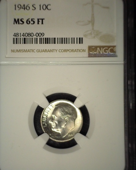 1946 S Roosevelt Silver Dime, NGC slaqbbed MS 65 FT.