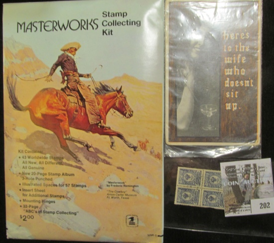 Unopened "Masterworks Stamp Collecting Kit" from the USPS; a 1908 Postmarked Post card "here's to th