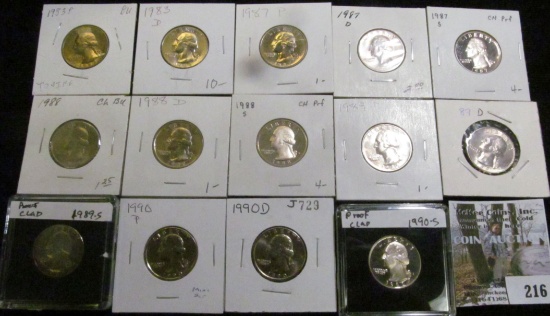 1983P, D, 87P, D, S, 88P, D, S, 89P, D, S, 90P, D, & S Proof or Gem BU Washington Quarters.