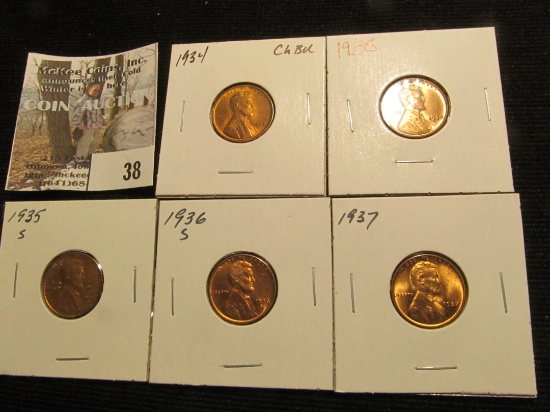 1934 P, 35 P, S, 36 S, & 37 P Lincoln Cents, all Brilliant Uncirculated.