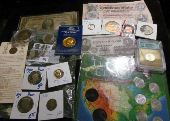 Hodgepodge Coin And Currency Lot Includes Replica Civil War Notes. Gold Plated Kennedy Half Dollar,