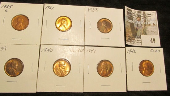 1935 S, 37 P, 38 P, 39 P, 40 P, 41 P, & 42 P Lincoln Cents, all Brilliant Uncirculated.