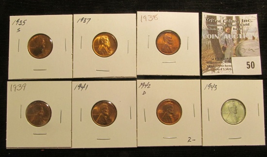 1935 S, 37 P, 38 P, 39 P, 41 P, 42 D, & 43 P Lincoln Cents, all Brilliant Uncirculated.