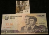 Rare Crisp Uncirculated Specimen Five Won Banknote North Korea Pick # 58, Serial number 0000000.