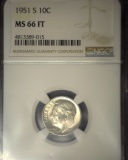 1951 S Roosevelt Silver Dime, NGC slaqbbed MS 66 FT.