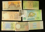 Cambodia 100 Banknote, CU; (3) different Banknotes from India; & (3) unidentified CU Banknotes.