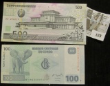 North Korea 500 Won Banknote, CU & Central Bank of the Congo 100 Franc Banknote, CU.