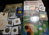 Hodgepodge Coin And Currency Lot Includes Replica Civil War Notes. Gold Plated Kennedy Half Dollar,