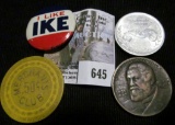 I Like Ike Political Pinback, Merchant's 50 Cent Club Poker Chip, Token With The The Hudson Automobi
