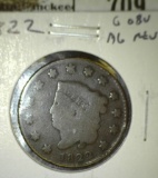 1822 Large Cent, G obv, AG rev, G value $30