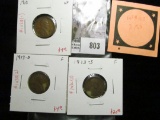 Group of 3 Lincoln Cents, 1913 VG, 1913-D F & 1913-S F, group value $28+