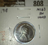 1918 Lincoln Cent, MS63BN toned, nice example, MS63 value $25