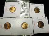 Group of 5 Lincoln Cents, 1944 BU, 1944-D BU toned, 1945 UNC toned, 1945-D BU, 1945-S BU toned, grou