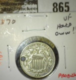 1870 Shield Nickel, VF holed OWW!!!, VF problem-free value $80