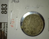 1910 V Nickel, VF+, value $15