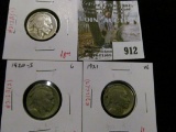Group of 3 Buffalo Nickels,1920-D G, 1920-S G & 1921 VG, group value $18+