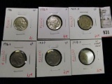 Group of 6 Buffalo Nickels, 1936 XF, 1936-D F, 1936-S VF, 1937 XF, 1937-D XF & 1938-D XF, group valu