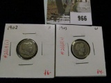 Group of 2 Barber Dimes, 1902 F & 1903 G+, group value $10