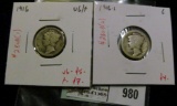 Group of 2 Mercury Dimes, 1916 VG/F& 1916-S G, group value $9-12