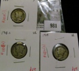 Group of 3 Mercury Dimes, 1917 F, 1918-S VG & 1919 VG, group value $10