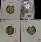 Group of 3 Mercury Dimes, 1919 F, 1919-S F & 1920-S VG+, group value $16