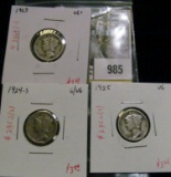 Group of 3 Mercury Dimes, 1923 VG+, 1924-S G/VG & 1925 VG, group value $10