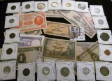 Interesting group of Old Foreign Banknotes and Coins, several dating back to WW II and before.