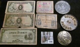 Old Foreign Banknotes, Lucky Nickels (souvenir); & a Harley Davidson Metal piece.