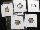 Group of 5 Mercury Dimes, 1944 AU, 1944-S VF+ toned, 1945 AU, 1945-D VF+ & 1945-S XF, group value $1