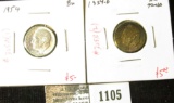 Group of 2 Roosevelt Dimes, 1954 & 1954-D (toned), both BU, group value $10