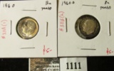 Group of 2 Roosevelt Dimes, 1960 & 1960-D, both BU toned, group value $10