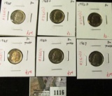 Group of 6 Roosevelt Dimes from Mint Sets, 1965, 1966, 1967, all BU toned, 1968, 1968-D & 1972-D, al