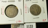 Group of 2 Barber Quarters, 1899-O & 1902-O, both AG, group value $16
