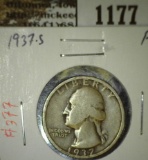 1937-S Washington Quarter, F, semi-key date, third lowest mintage of pre-1965 silver series, value $