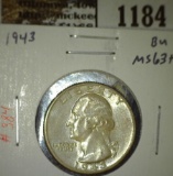 1943 Washington Quarter, BU MS63+, value $10+