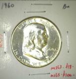 1960 Franklin Half, BU, MS63 value $18, MS65 value $100